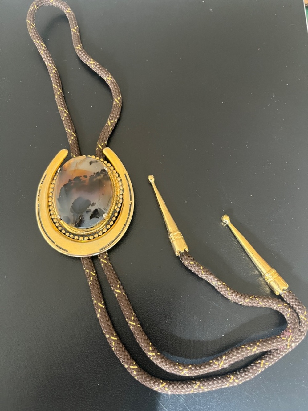 Vintage-Inspired Gold Horseshoe Bolo Tie with Brown Agate Stone